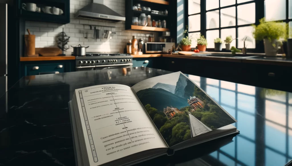 DALL·E-2024-05-30-23.55.19-An-open-book-on-a-black-marble-kitchen-counter-with-stainless-steel-appliances-in-the-background.-The-book-shows-an-itinerary-in-a-timeline-style.-The
