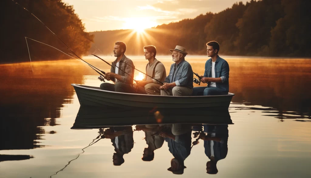 DALL·E-2024-05-31-00.03.22-Four-men-grandfather-father-son-and-grandson-in-a-small-boat-on-a-tranquil-lake-at-dawn.-They-are-focused-on-fishing-with-fishing-rods-in-hand-a