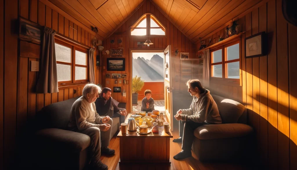 DALL·E-2024-05-31-00.46.36-Inside-a-cozy-tiny-house-in-Tandil-a-large-coffee-table-in-the-living-room-is-set-for-breakfast.-Sunlight-streams-through-a-balcony-door-illuminatin